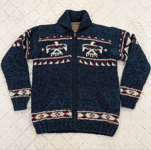 Laundromat Sweater Mens S/M Blue Eagle Wool Knit Tribal Cowichan Full Zip Canada